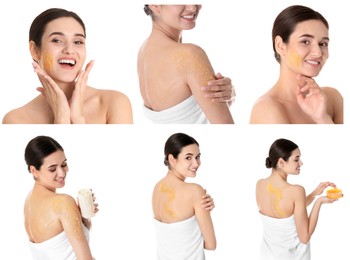 Collage with photos of young woman applying body scrubs on white background