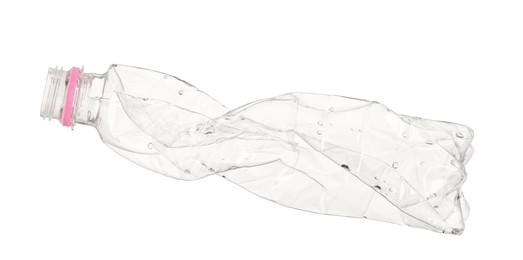 Photo of Crumpled disposable plastic bottle isolated on white