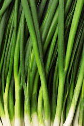 Photo of Fresh green spring onions as background, top view