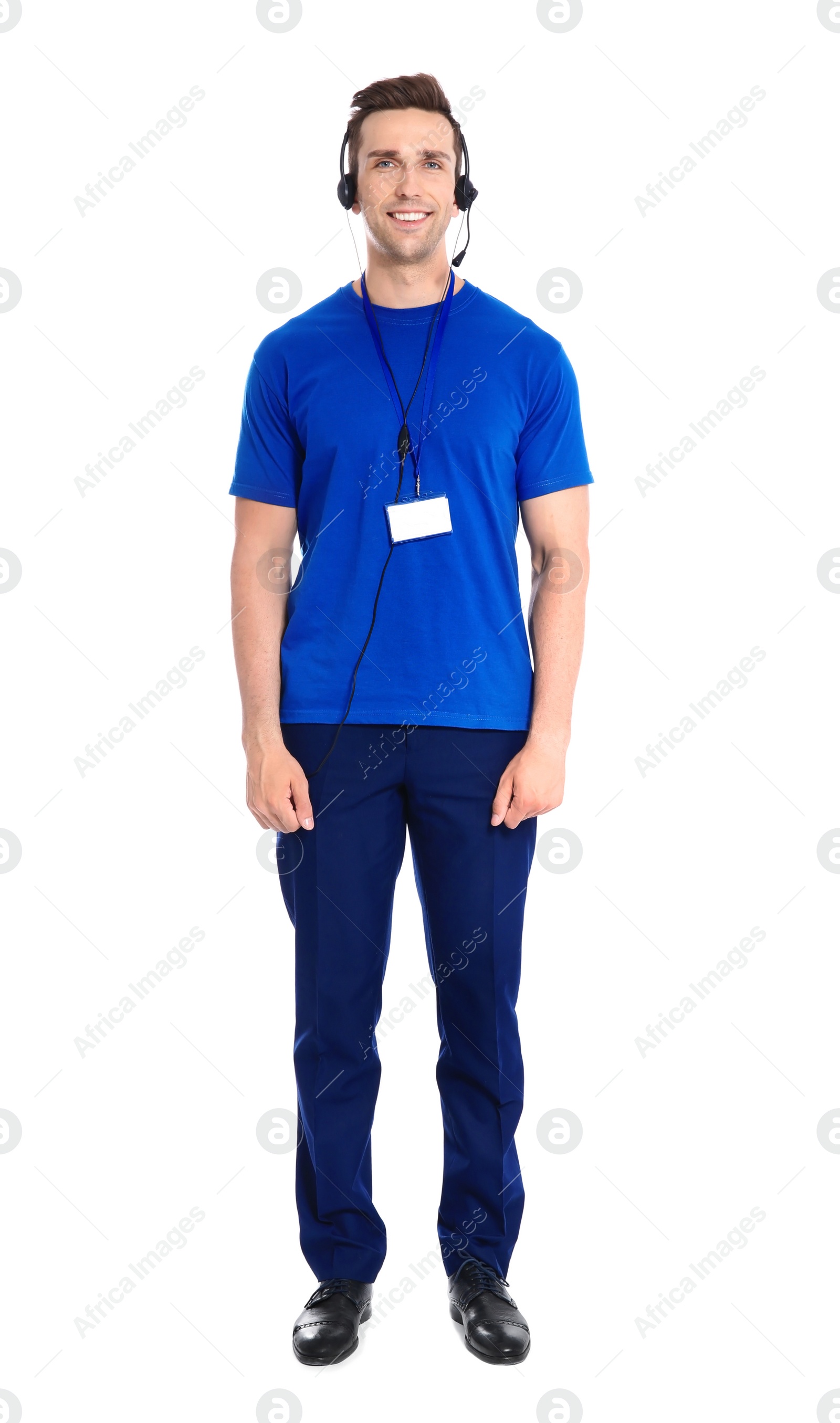 Photo of Male technical support operator with headset on white background