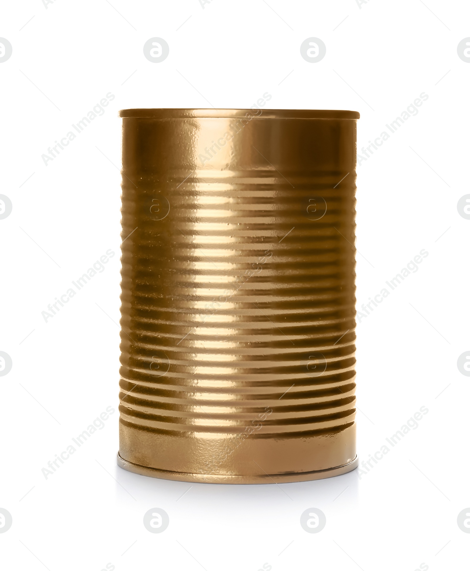 Photo of Mockup of tin can with food on white background