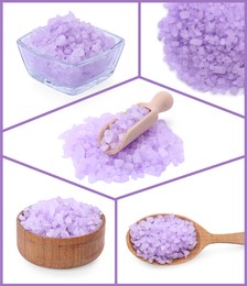 Violet sea salt isolated on white, set