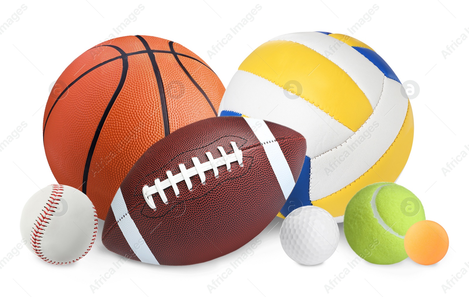 Image of Group of different sport balls on white background