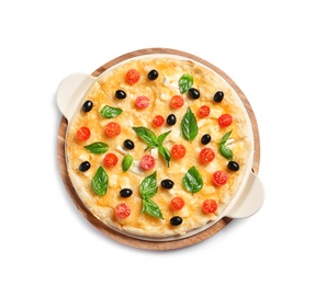 Photo of Tasty homemade pizza on white background, top view