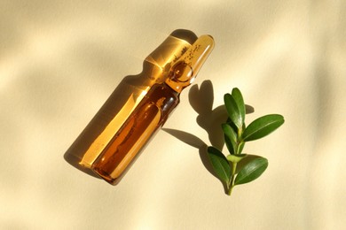 Photo of Skincare ampoule and leaves in sunlight on beige background, top view