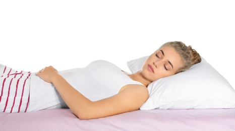 Photo of Beautiful woman sleeping with comfortable pillow on bed against white background