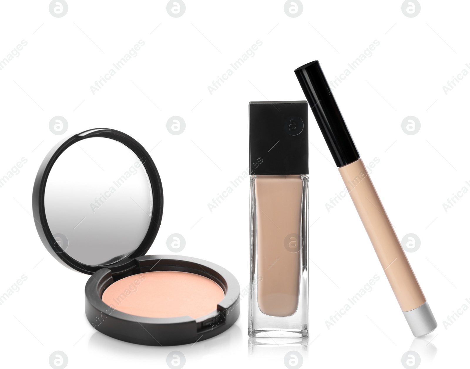 Image of Set with different decorative cosmetics on white background. Luxurious makeup products 