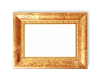Photo of Stylish gold frame on white background, top view. Space for text