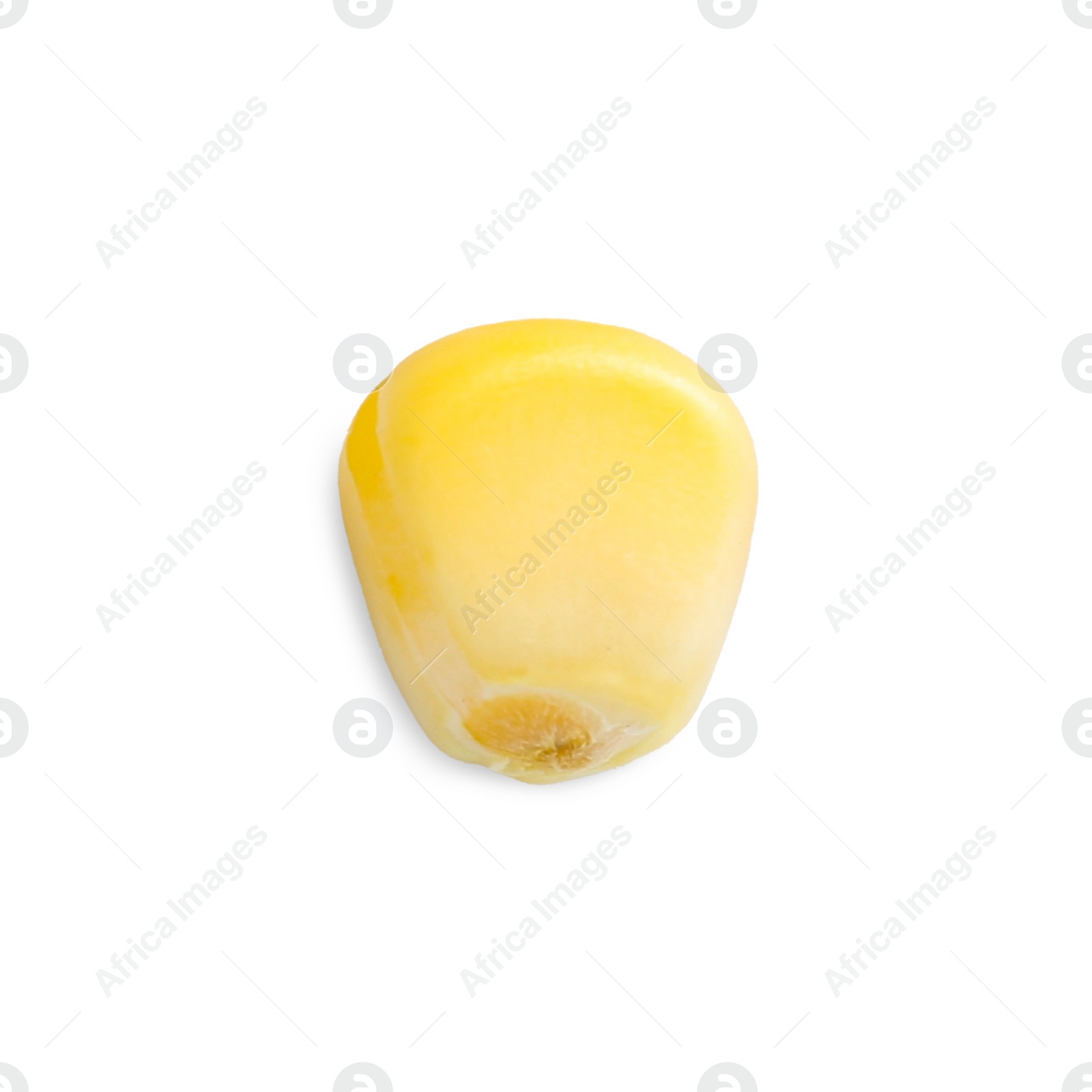 Photo of Tasty fresh corn kernel isolated on white, top view