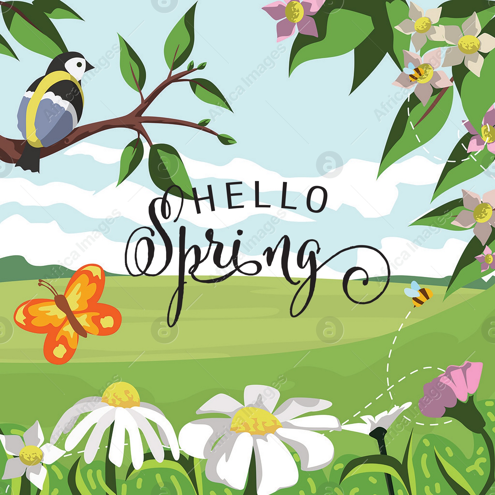 Illustration of Hello Spring card. Bird sitting on tree branch, while butterfly and bees flying over flowers, illustration