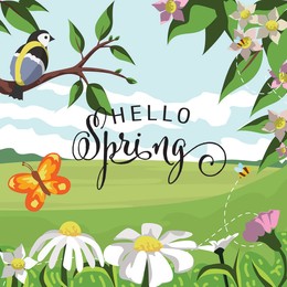 Illustration of Hello Spring card. Bird sitting on tree branch, while butterfly and bees flying over flowers, illustration