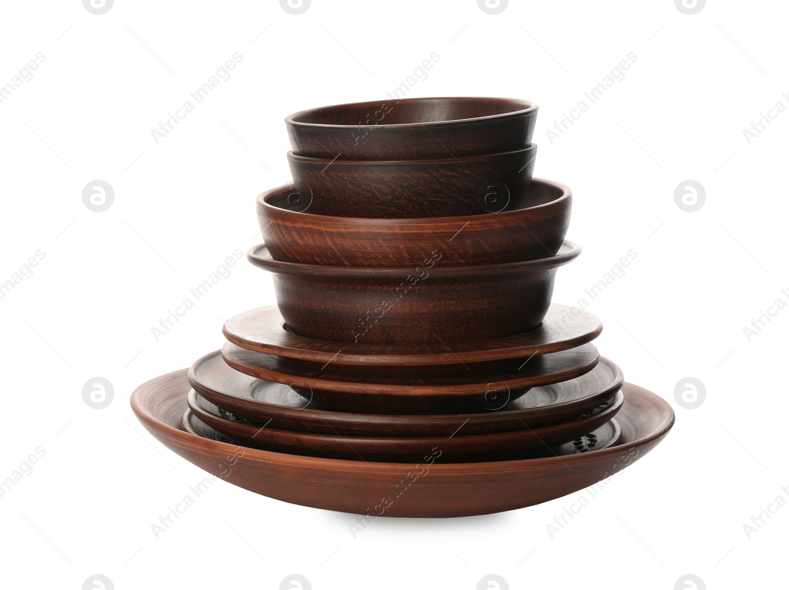 Photo of Set of stylish clay dishes on white background