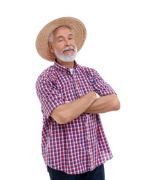 Harvesting season. Farmer with crossed arms winking on white background