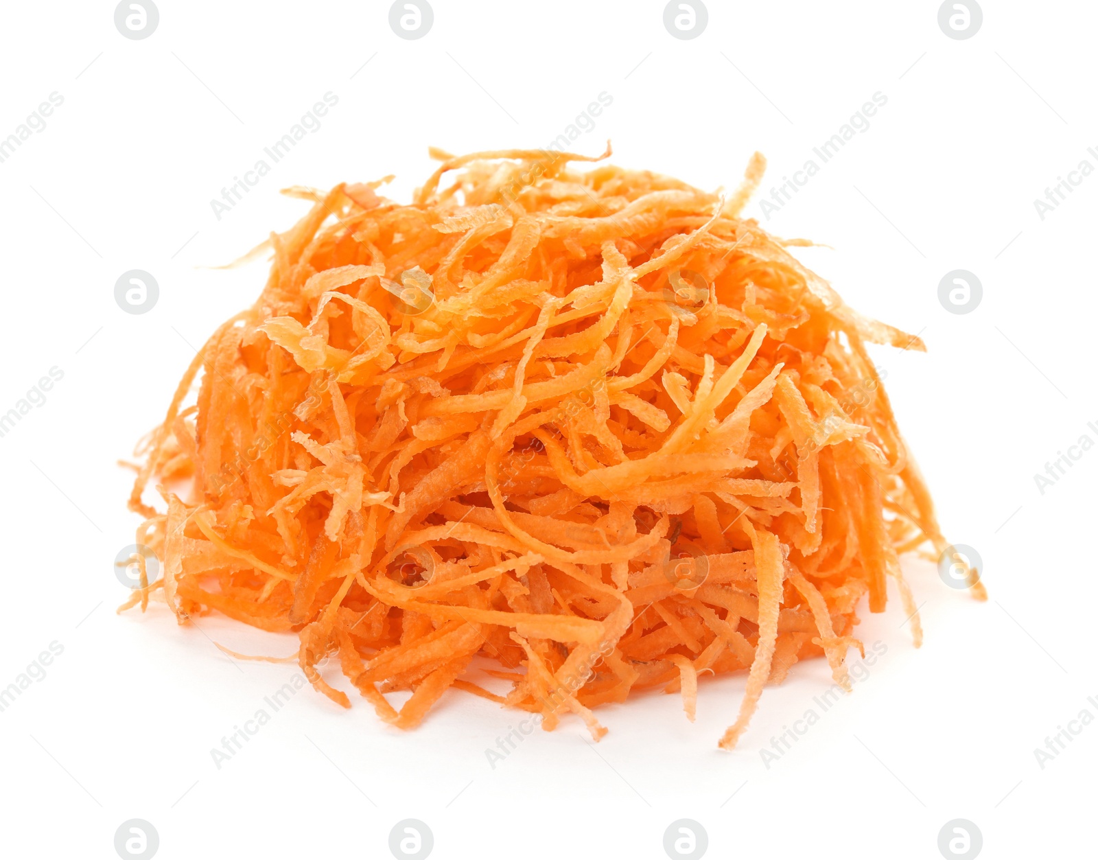 Photo of Grated ripe carrot on white background