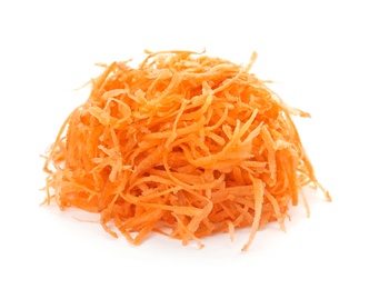 Photo of Grated ripe carrot on white background