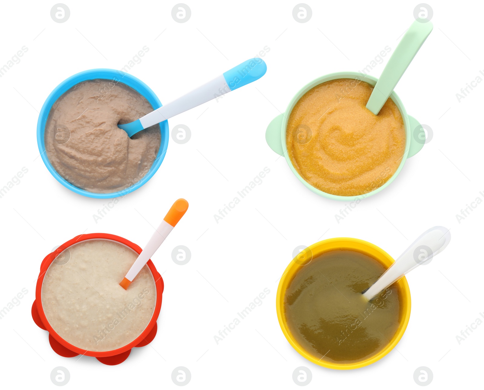 Image of Set with healthy baby food in different dishes on white background, top view