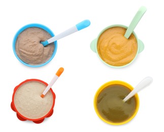 Set with healthy baby food in different dishes on white background, top view