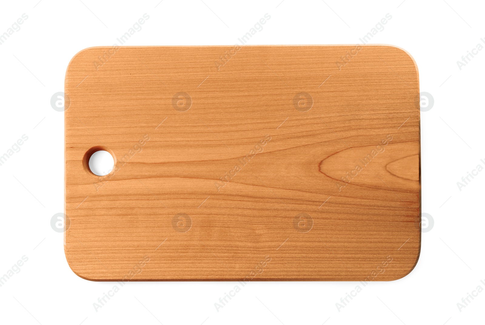 Photo of One wooden cutting board isolated on white, top view