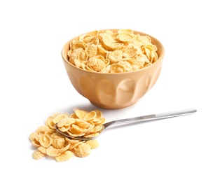 Photo of Bowl and spoon with crispy cornflakes on white background