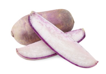 Photo of Ripe purple daikon radishes isolated on white