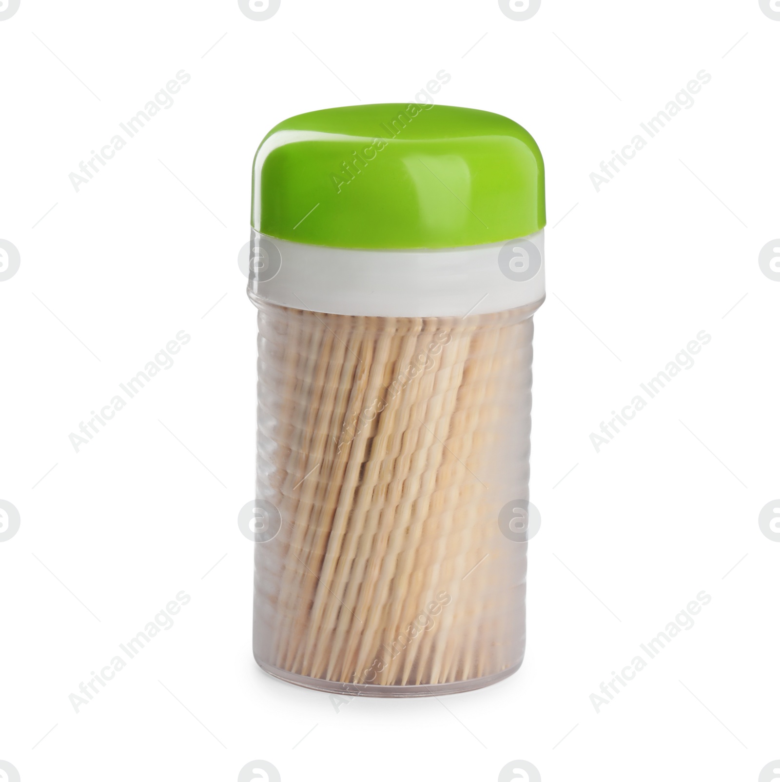 Photo of Holder with wooden toothpicks on white background