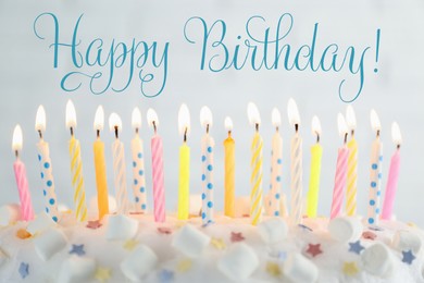 Happy Birthday! Delicious cake with burning candles on light grey background, closeup