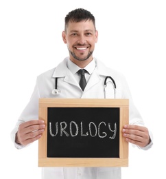 Male doctor holding small blackboard with word UROLOGY on white background