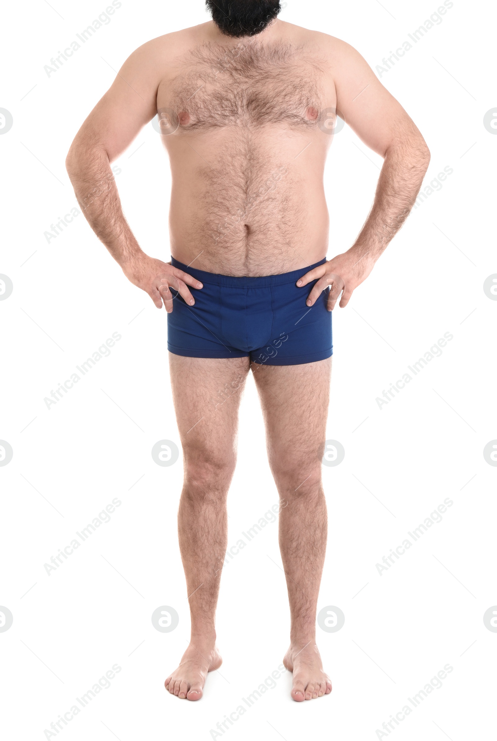 Photo of Overweight man isolated on white, closeup. Weight loss