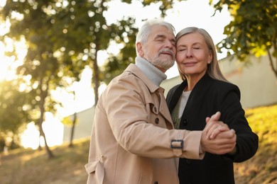 Photo of Affectionate senior couple dancing together outdoors. Space for text
