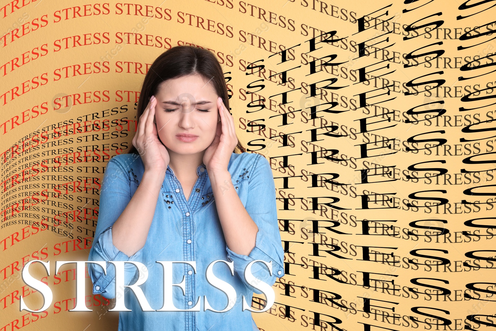 Image of Young woman suffering from depression and words STRESS on color background