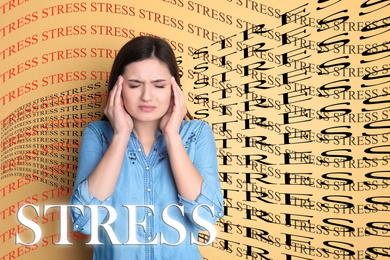 Image of Young woman suffering from depression and words STRESS on color background