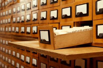 Image of Closeup view of library card catalog drawers