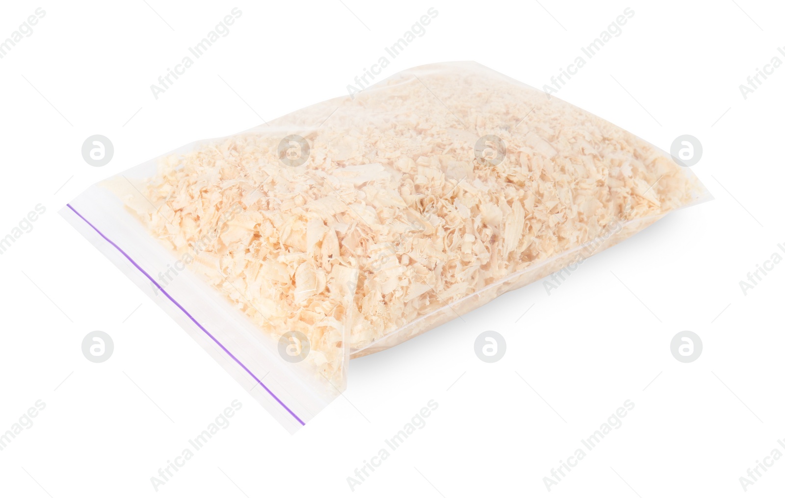 Photo of Natural sawdust in zip bag isolated on white