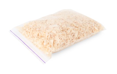 Photo of Natural sawdust in zip bag isolated on white