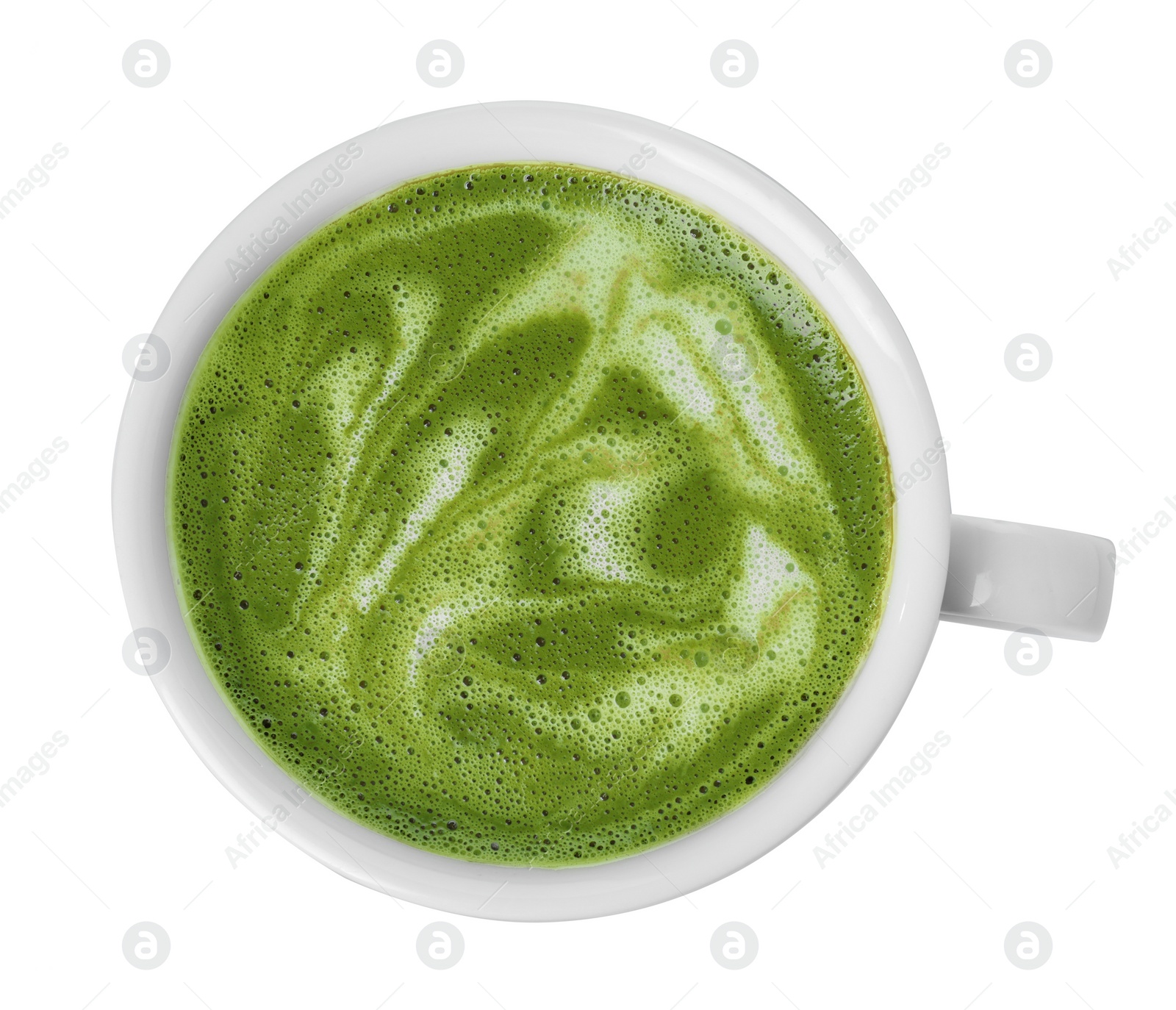 Photo of Delicious matcha latte in cup on white background, top view