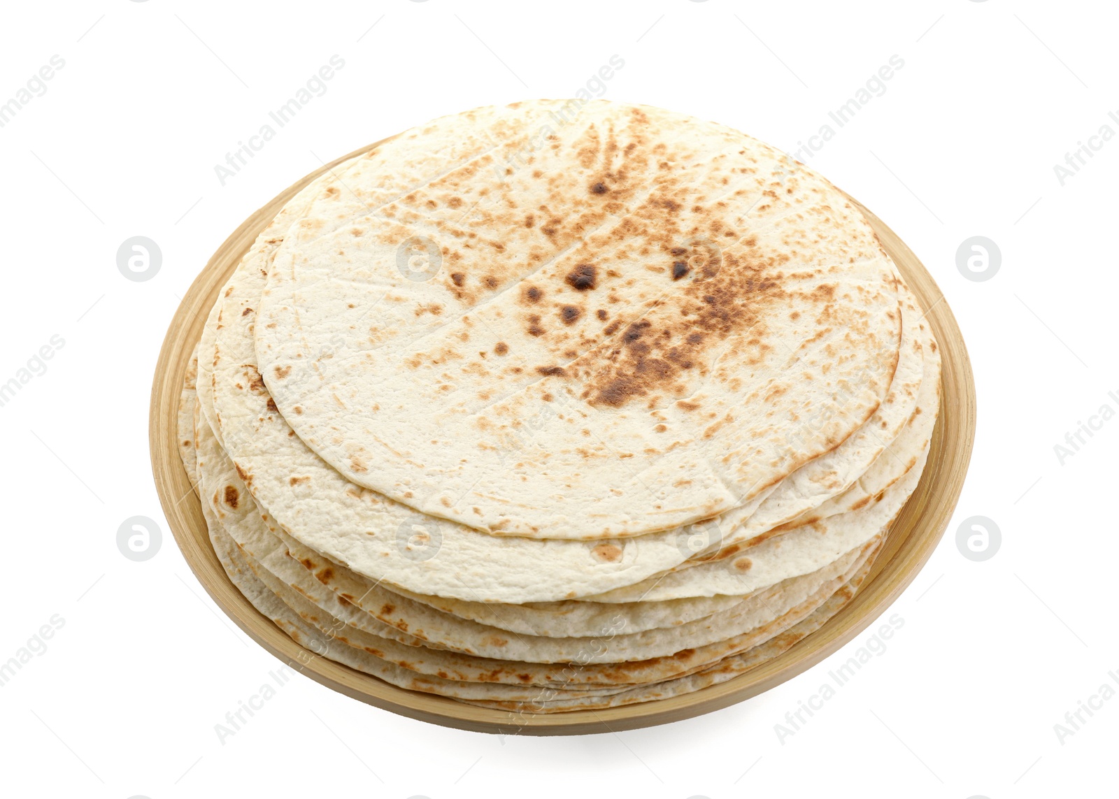 Photo of Stack of tasty homemade tortillas isolated on white