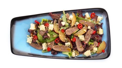 Photo of Delicious salad with beef tongue and cheese isolated on white, top view