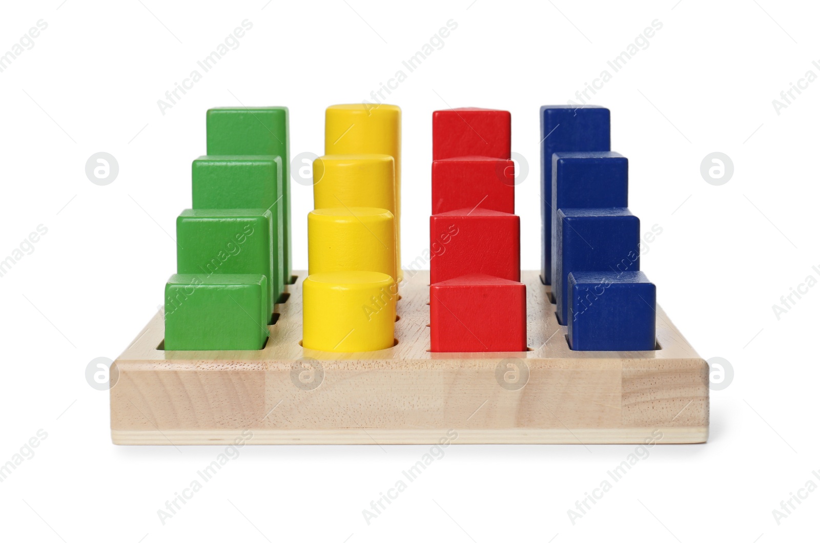 Photo of Wooden sorter with colorful geometric figures isolated on white. Children's toy