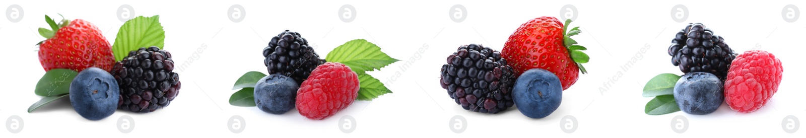 Image of Set of different mixed berries on white background, banner design 