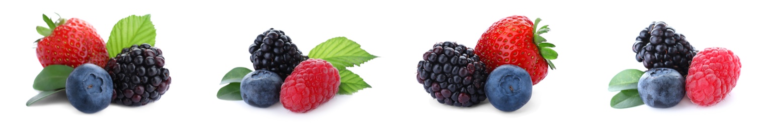 Image of Set of different mixed berries on white background, banner design 