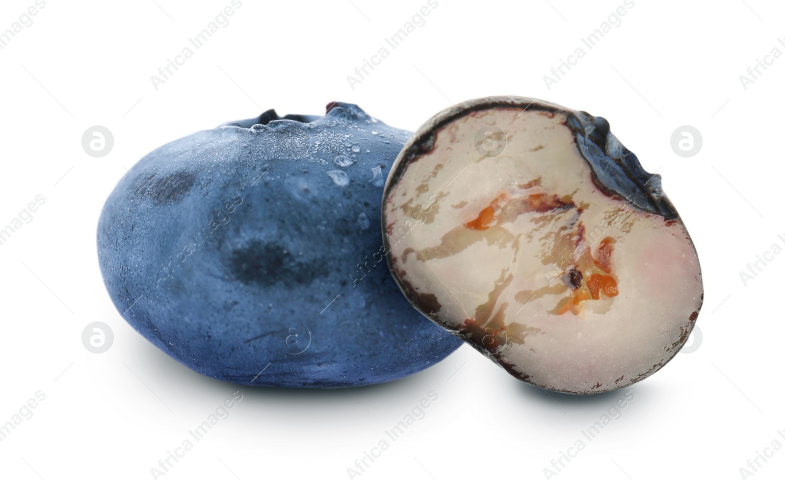 Image of Cut and whole blueberries on white background