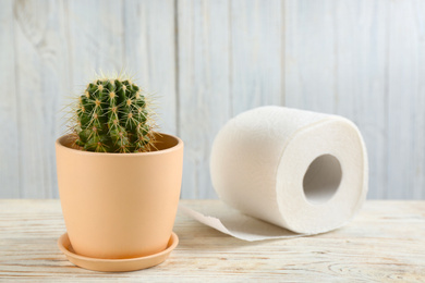 Photo of Cactus and roll of toilet paper on white wooden table. Hemorrhoid problems