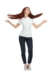 Happy woman with red dyed hair on white background