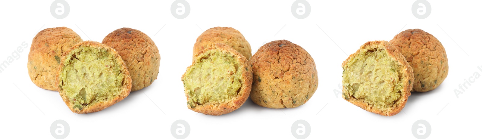 Image of Set with delicious deep fried falafel balls on white background. Banner design 