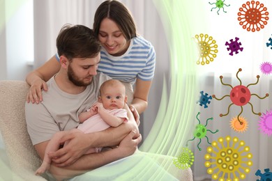 Happy family at home. Strong immunity - resistance against infections. Illustration of viruses