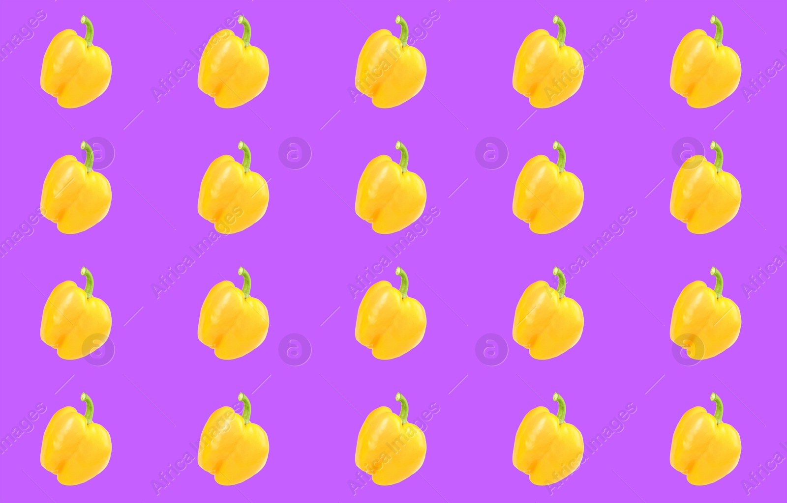 Image of Collage with yellow bell peppers on vivid purple background. Pattern design