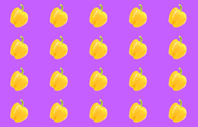 Image of Collage with yellow bell peppers on vivid purple background. Pattern design