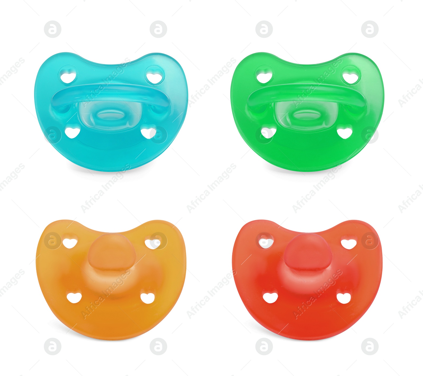 Image of Collage of baby pacifiers in different colors on white background