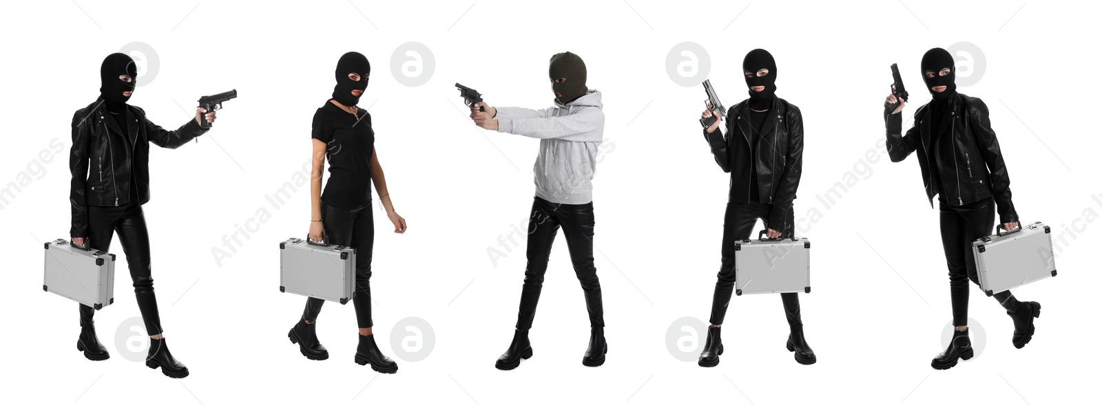 Image of Collage with photos of woman in balaclavas on white background