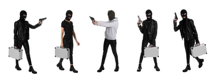 Collage with photos of woman in balaclavas on white background